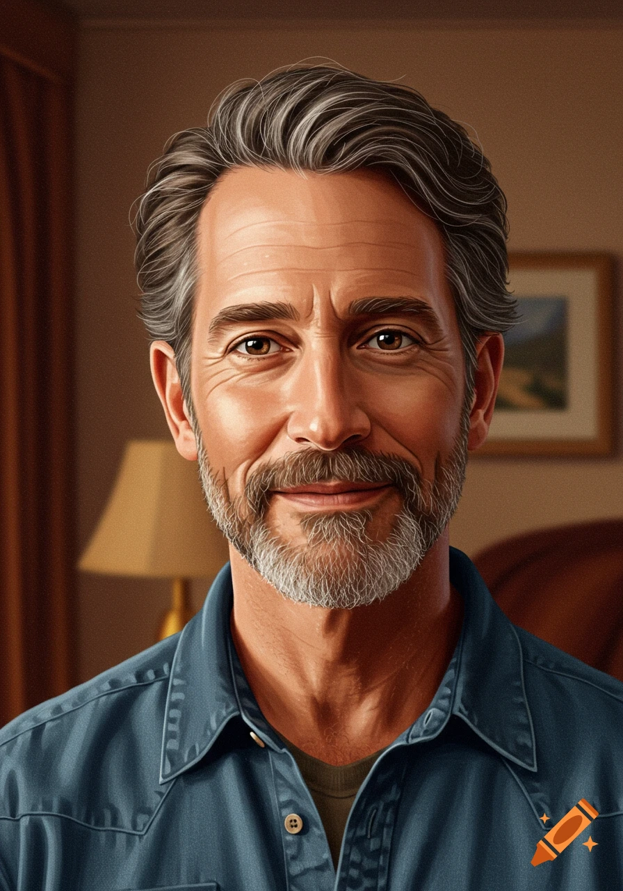 Portrait of a middle-aged man with gray hair and beard wearing a blue shirt, digital painting style.