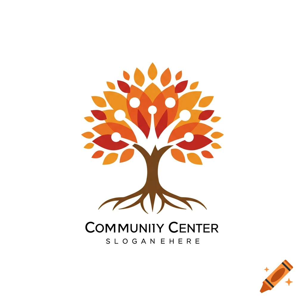 Logo of a tree with abstract people figures among autumn leaves, geometric roots, and text 'COMMUNIITY CENTER SLOGANEHERE' below.