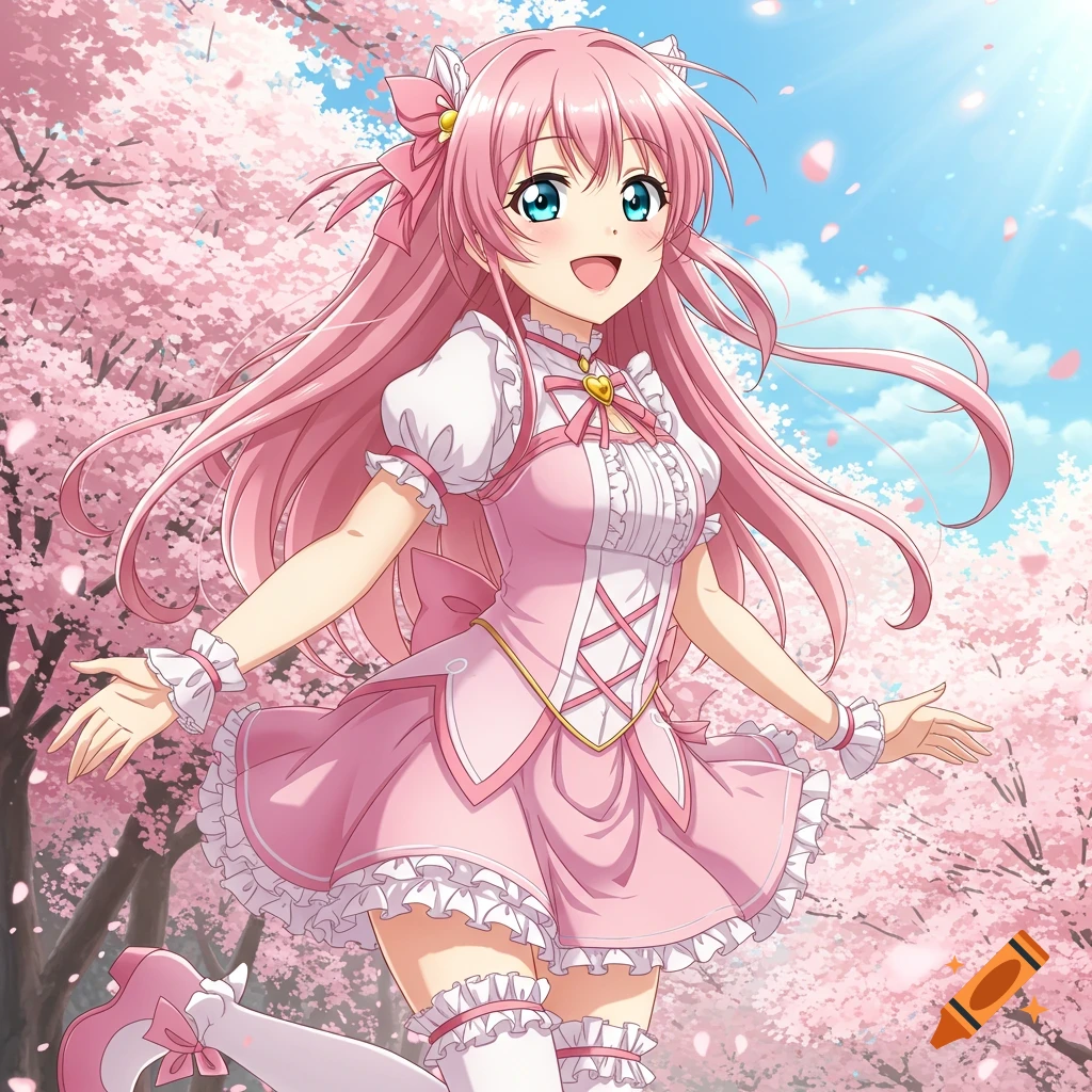 Anime girl with pink hair in a pink dress stands under cherry blossoms.