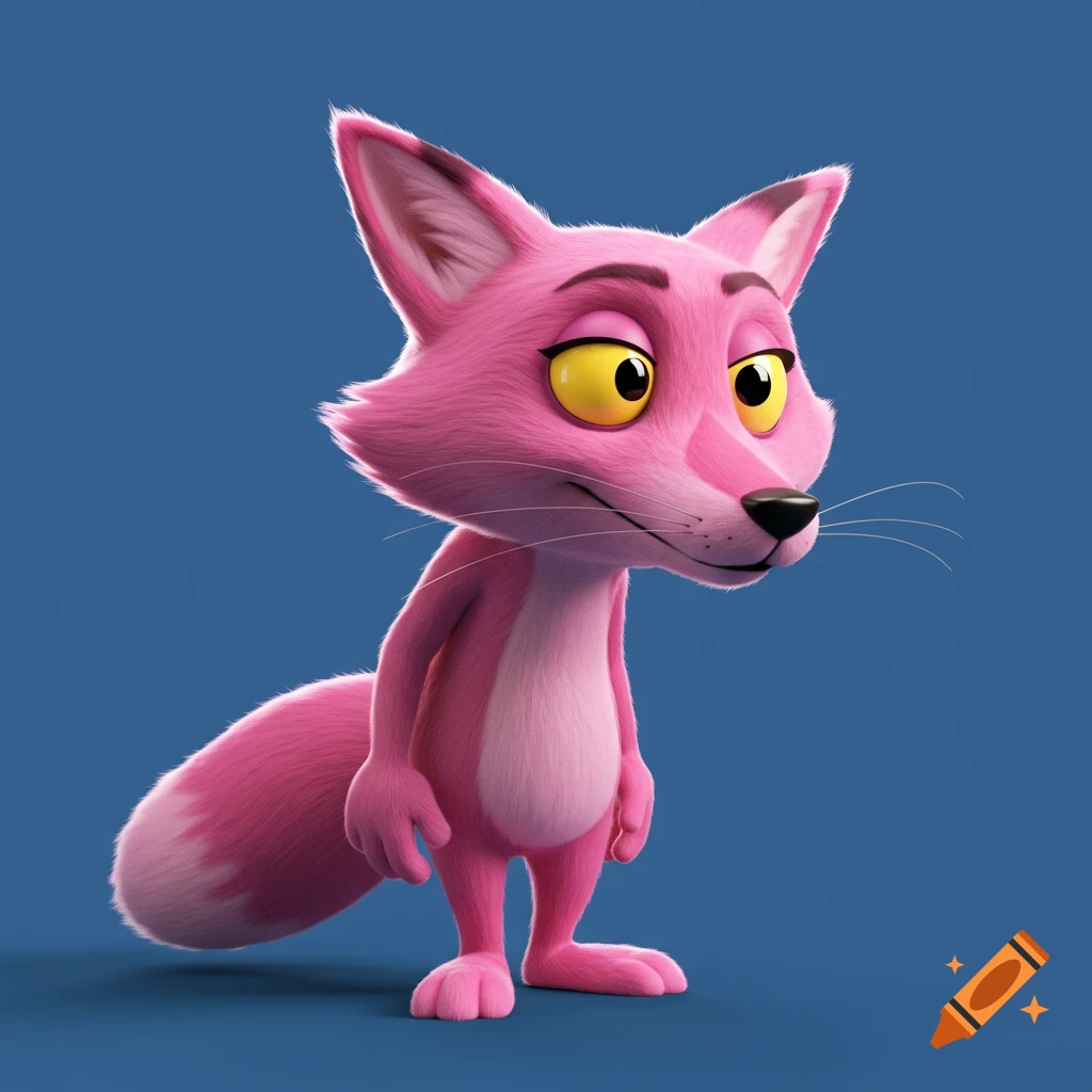 A 3D cartoon pink fox character with yellow eyes stands against a blue background.