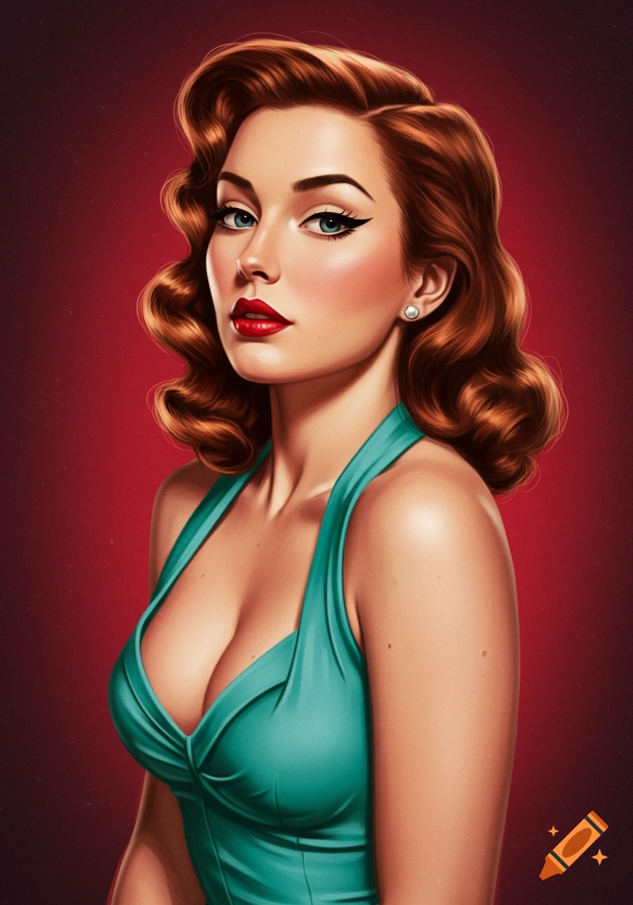 Retro pin-up illustration of woman with auburn hair, red lips, and teal dress against red background.