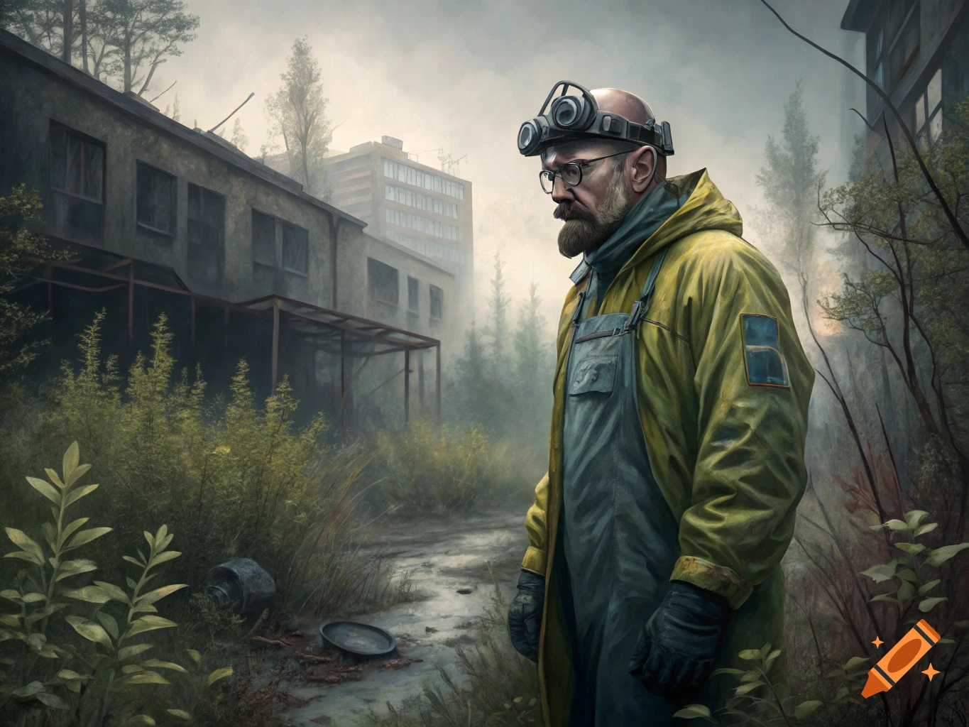 A man resembling Walter White wears a yellow raincoat and headlamp in an overgrown, abandoned industrial area.