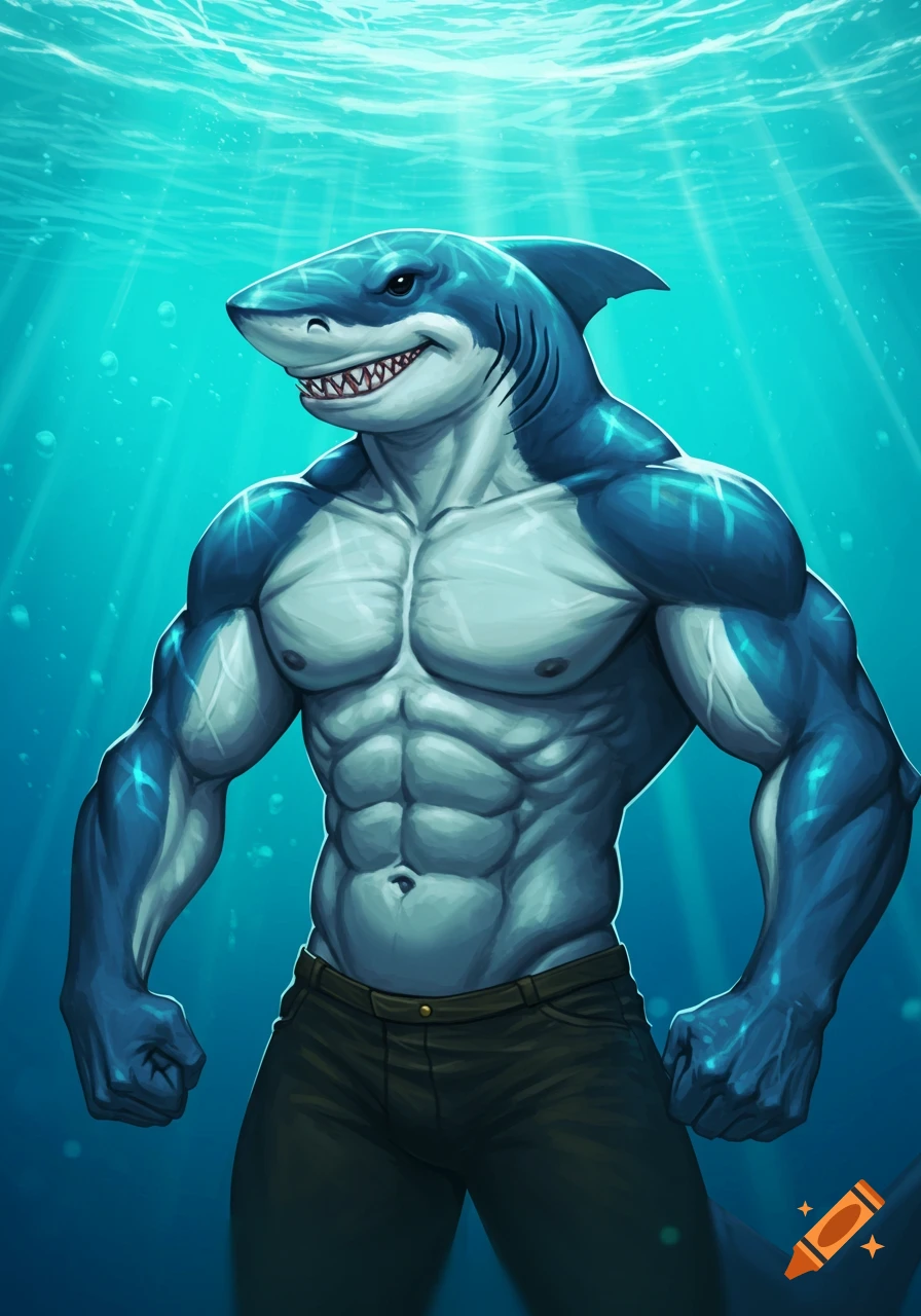 Muscular humanoid shark stands underwater with light rays filtering down.