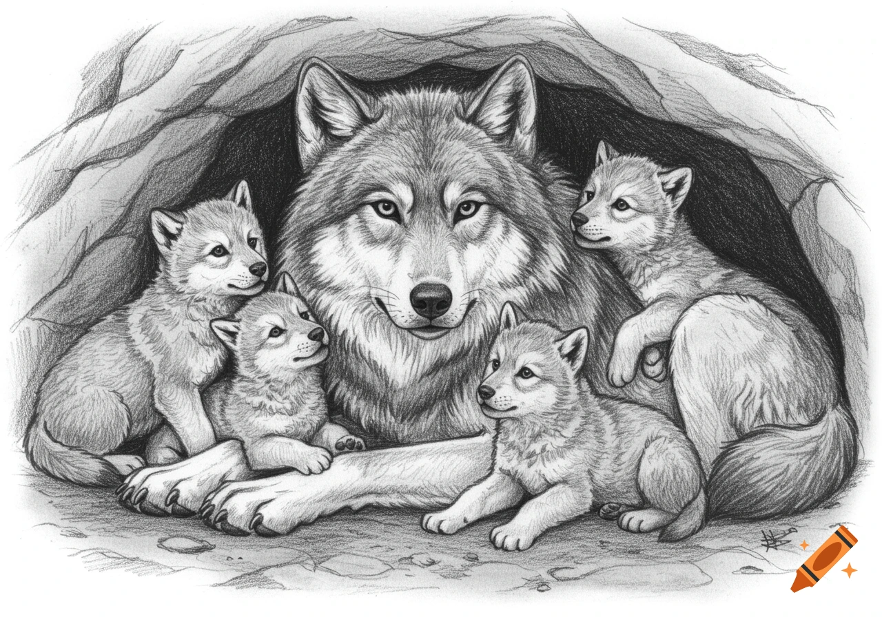 Pencil sketch of a wolf and four cubs in a den.