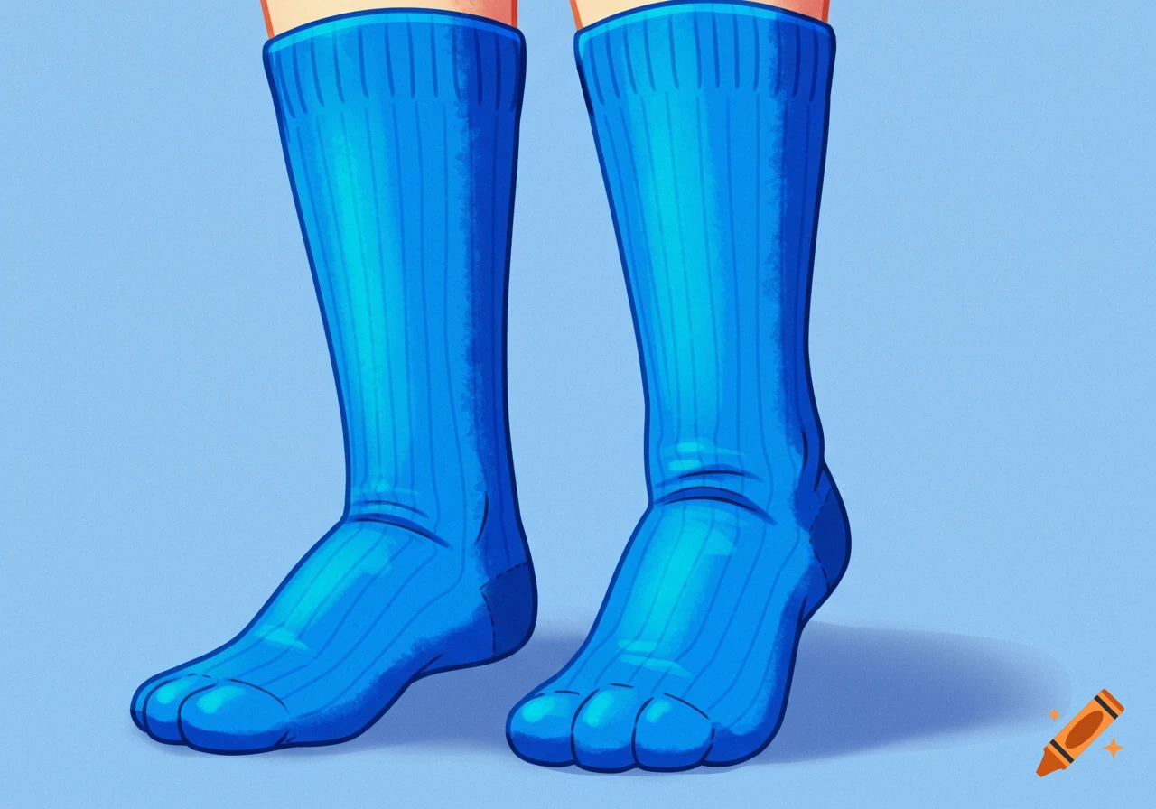 An illustration of feet wearing blue knee-high socks.