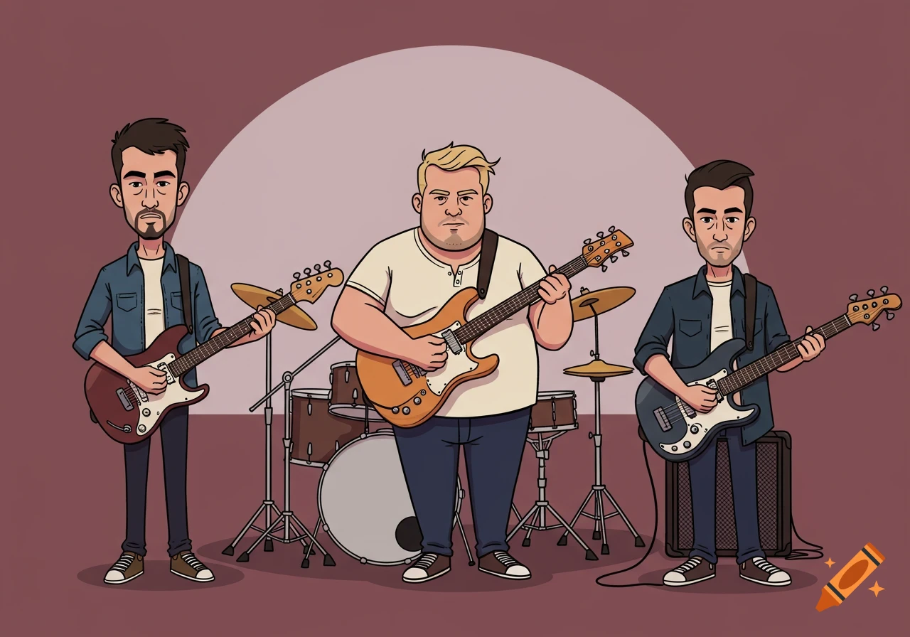 Cartoon illustration of a three-person band playing instruments in front of a drum set.