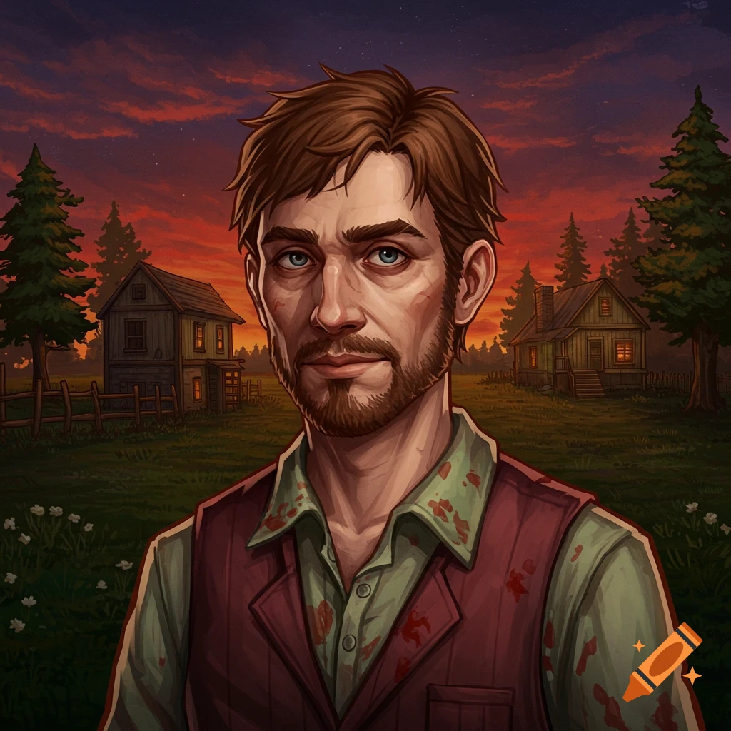 Illustration of a man with blood on his shirt and vest standing in a field at sunset.