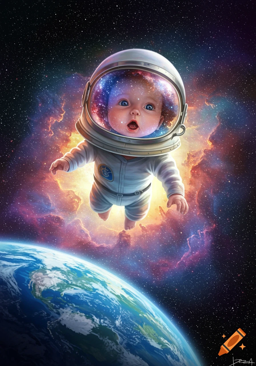 Baby in an astronaut helmet floating above Earth in space.