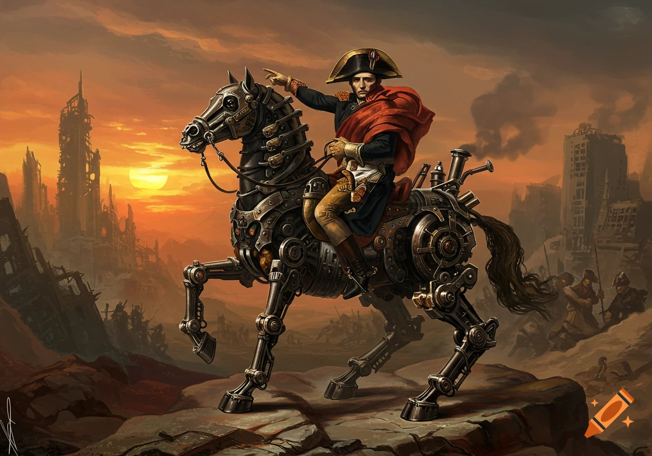Napoleon Bonaparte riding a mechanical horse through an apocalyptic ruined city at sunset, steampunk art style.