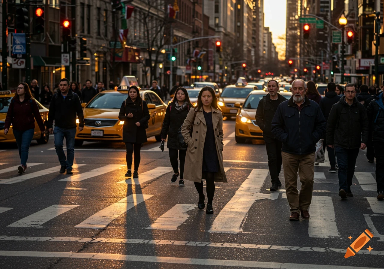 Crowd of people walking across a busy city street crosswalk with taxis.