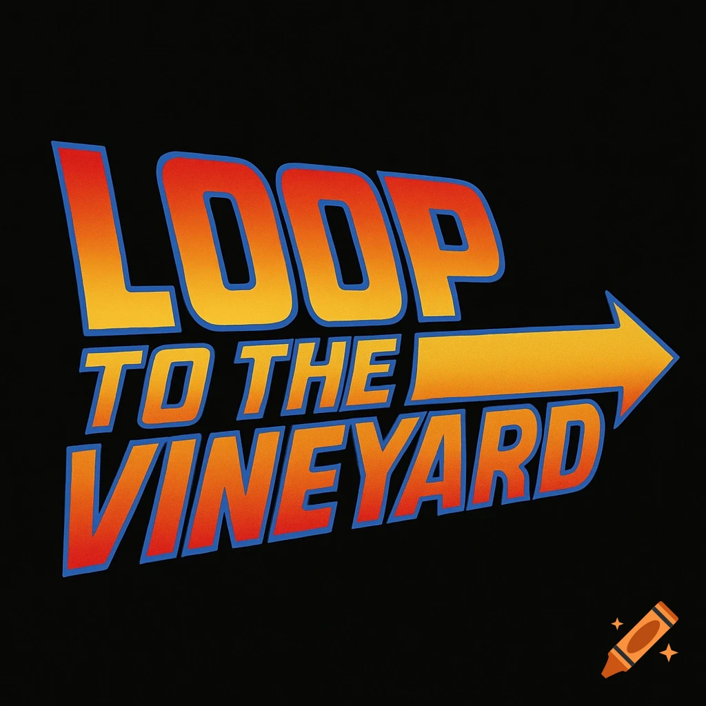 Logo parody reading 'Loop to the Vineyard' in the style of the Back to the Future movie title.