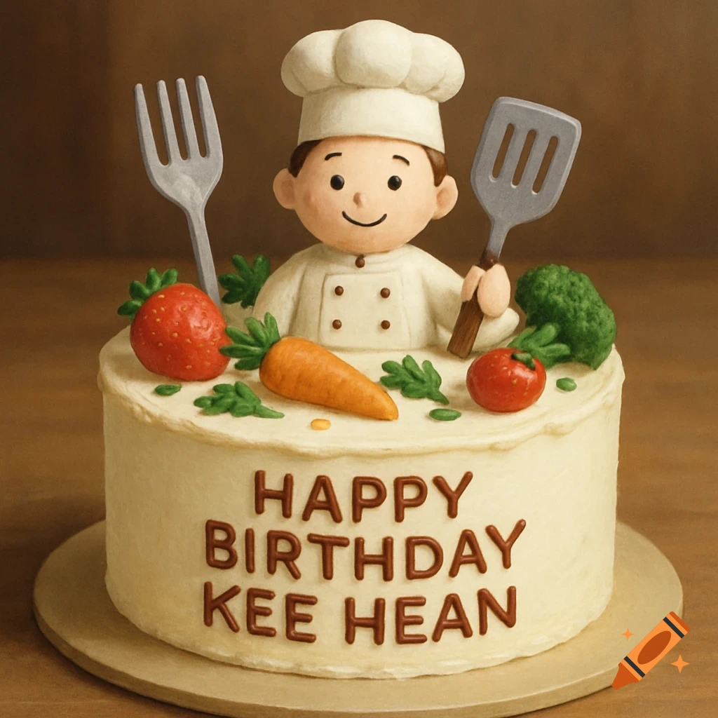 A chef-themed birthday cake decorated with a figure holding a fork and spatula, fruit, vegetables, and text.
