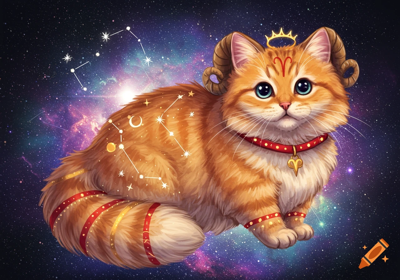 Stylized fluffy orange cat with ram horns and Aries symbols, covered in constellations against a galaxy background.