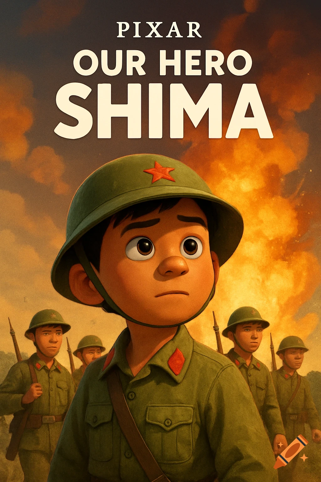 Pixar style movie poster for 'OUR HERO SHIMA' showing a young boy soldier in the foreground with other soldiers and an explosion behind him.