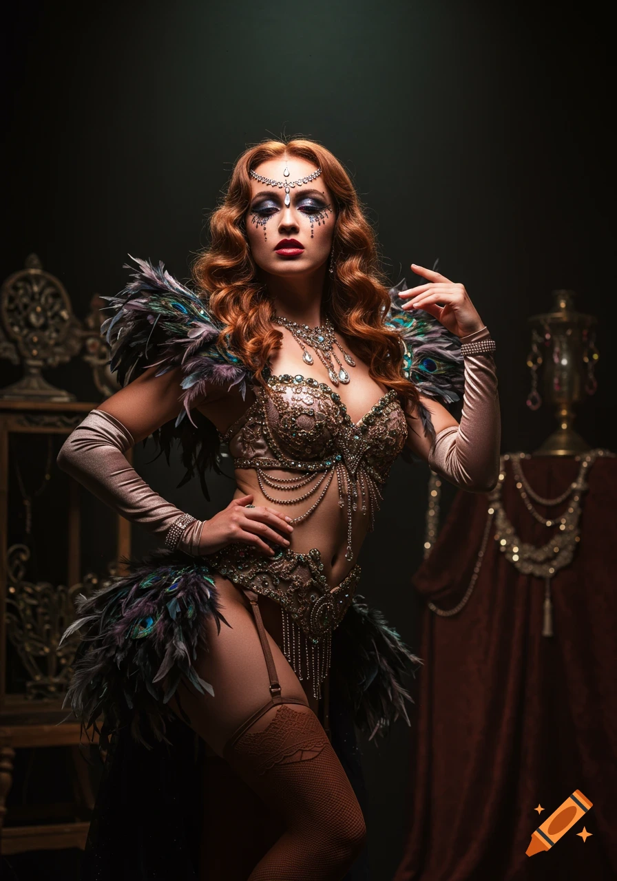 Woman in a burlesque costume with feathered shoulders and elaborate jewelry poses dramatically.