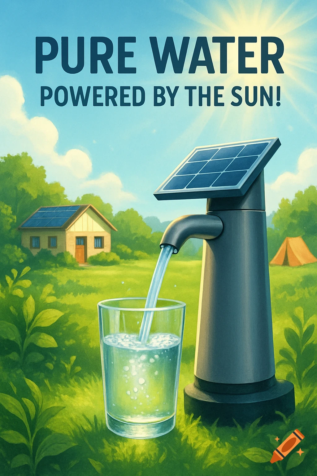 Illustration of a solar water pump filling a glass, with a solar-powered house and tent in a landscape. Text reads: Pure Water, Powered by the Sun!