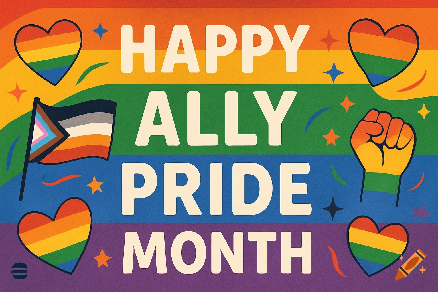 Banner with rainbow colors, hearts, flag, and fist saying 'Happy Ally Pride Month'