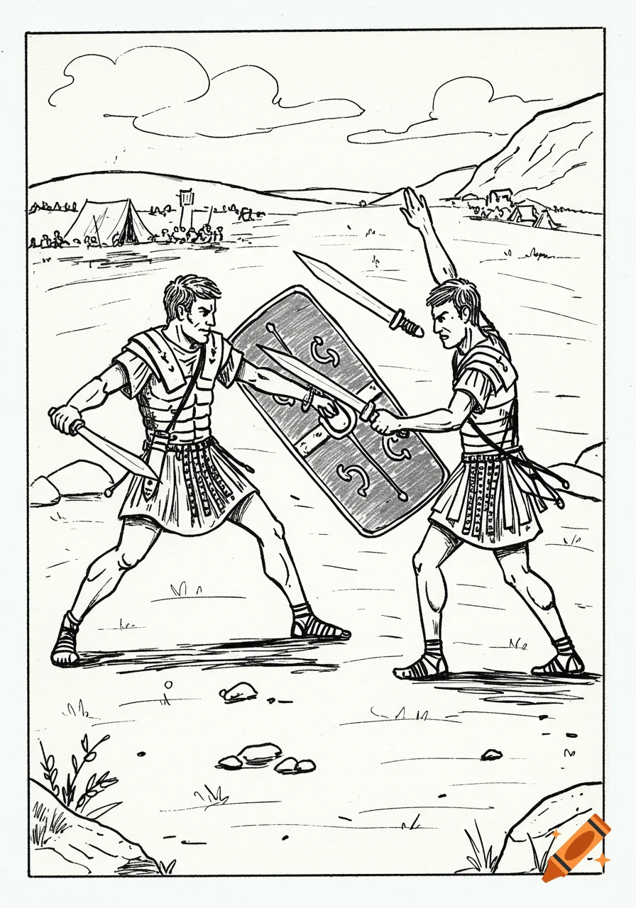 Line drawing of two Roman soldiers fighting with swords and a shield.