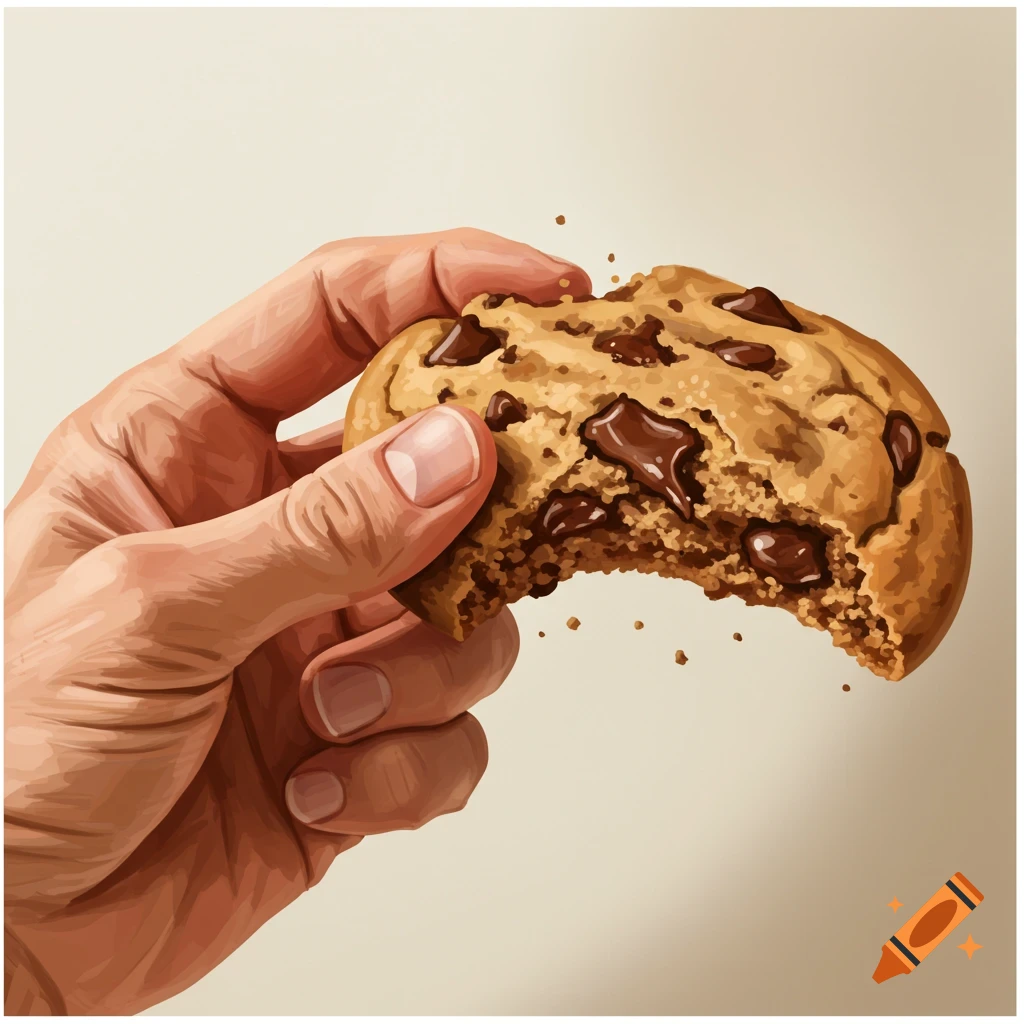 Hand holding a chocolate chip cookie with a bite taken out, illustrative style.