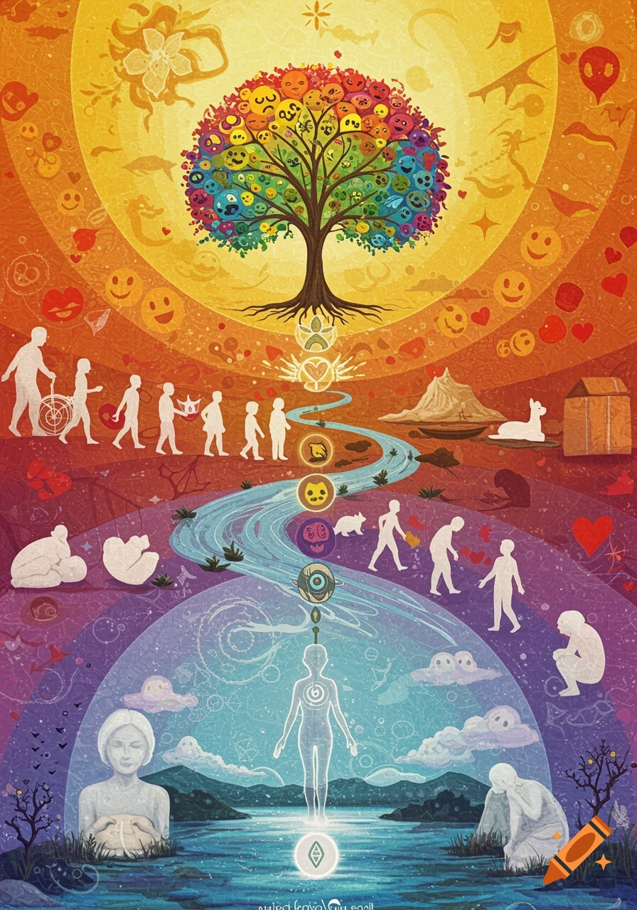 Layered allegorical illustration of the lifespan journey, with figures, a tree, river, and symbolic elements.