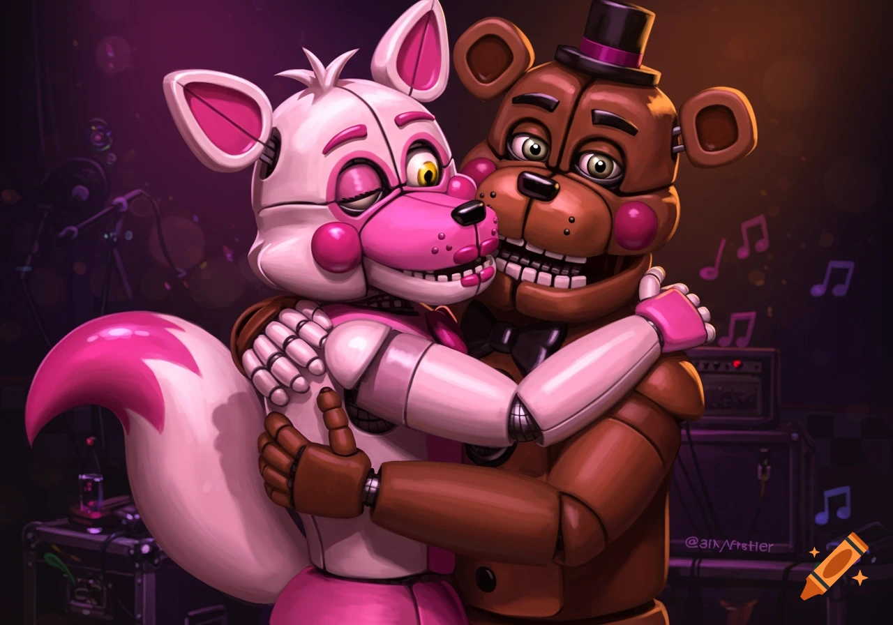 Funtime Foxy and Funtime Freddy animatronic characters hugging on a stage background.