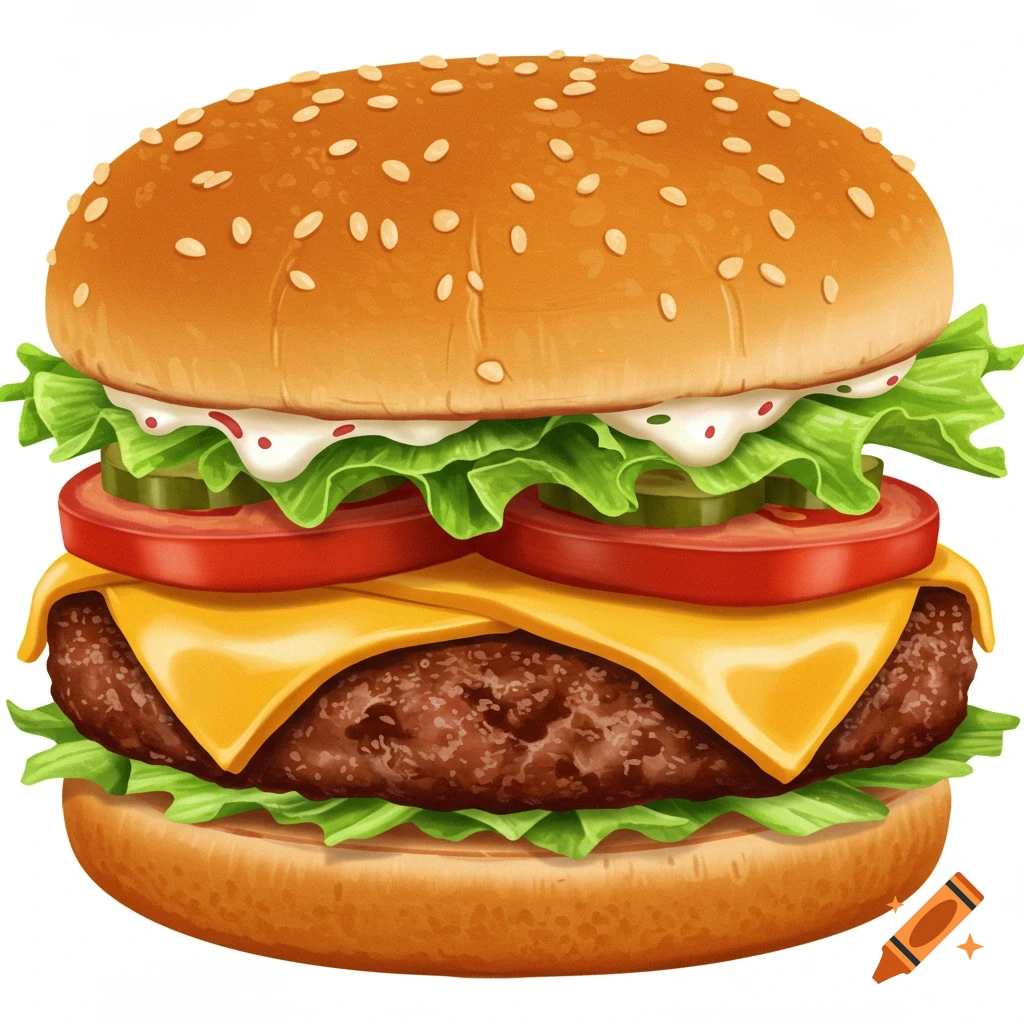 Illustration of a detailed hamburger with cheese, lettuce, tomato, and pickles on a bun with sesame seeds.