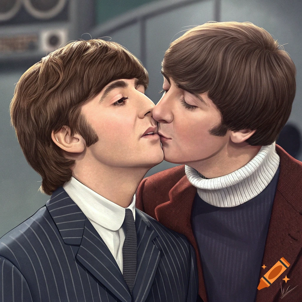 Illustration of Paul McCartney and John Lennon kissing.