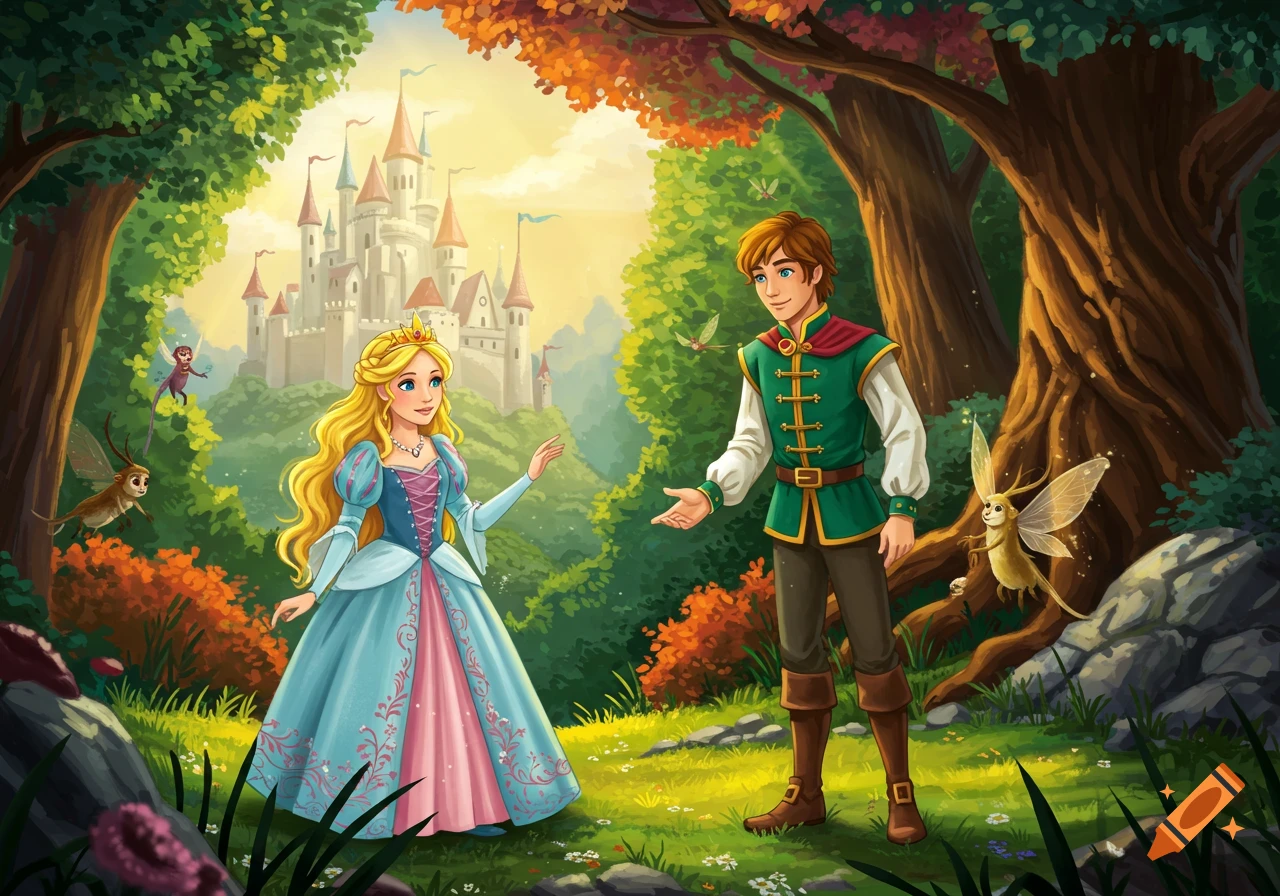 An illustration of a prince and princess standing in a forest clearing with a castle on a hill behind them. Fairy creatures fly around.