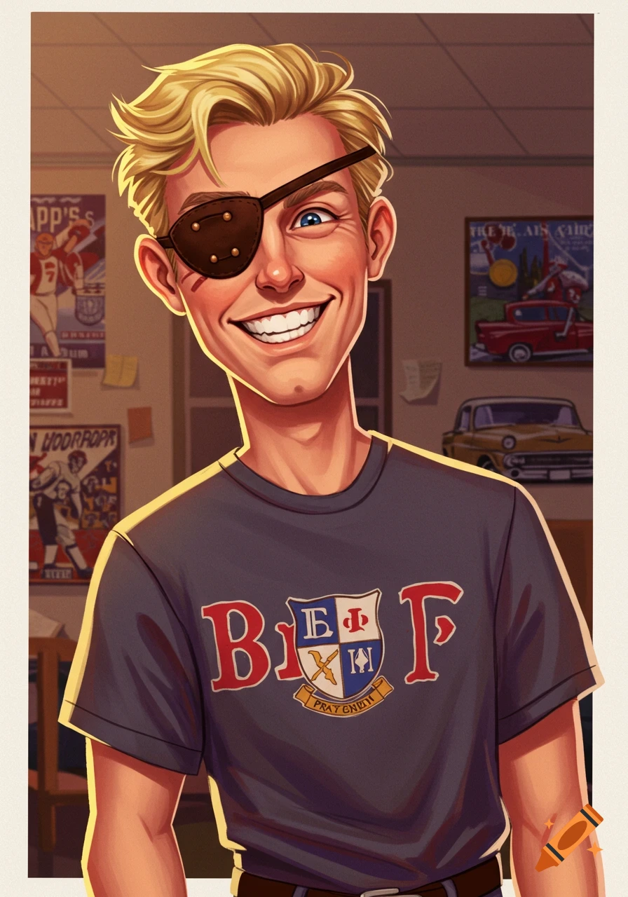 Cartoon portrait of a smiling blonde young man with an eyepatch, wearing a grey t-shirt with a logo, against a background of posters.