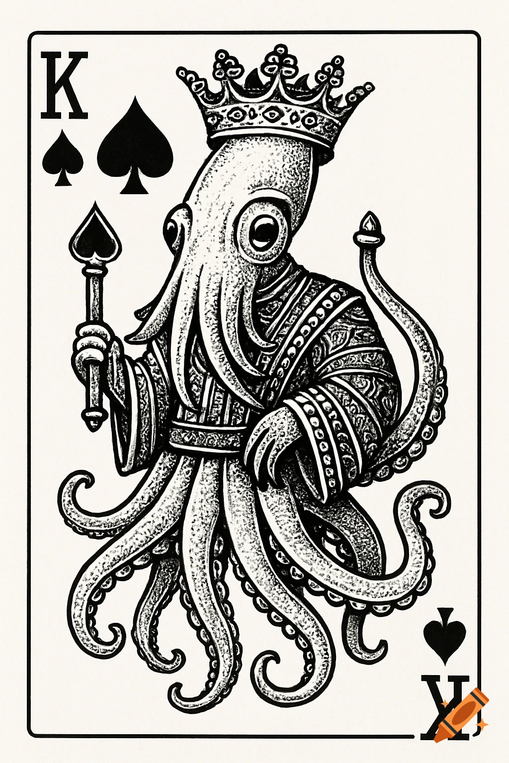 Black and white illustration of a squid dressed as the King of Spades playing card.
