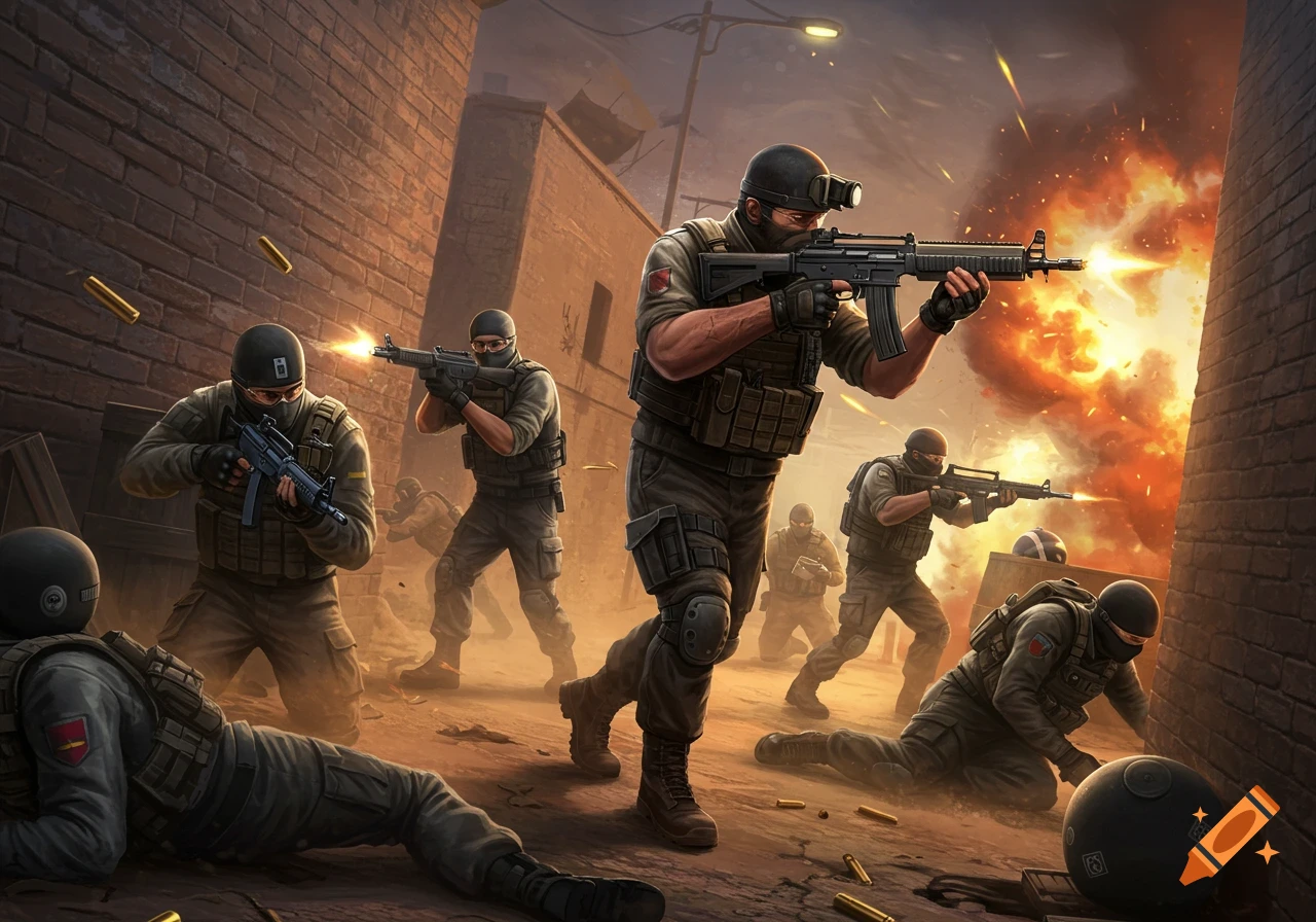 Soldiers in tactical gear engage in a firefight in an urban alley with an explosion.