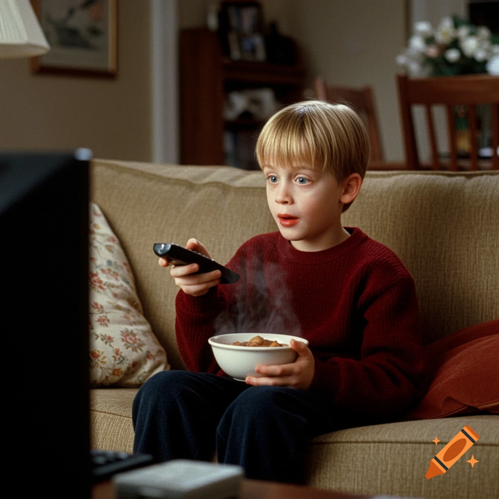A boy sits on a couch watching TV and eating from a steaming bowl