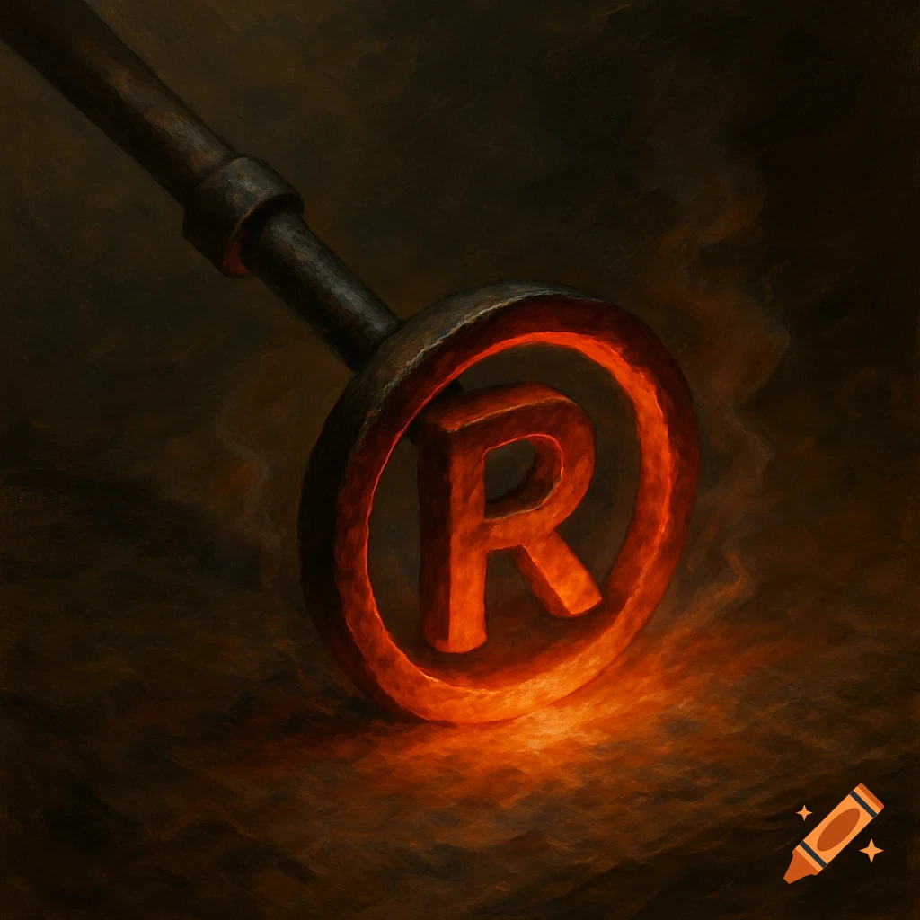 A branding iron with a hot, glowing R inside a circle on a dark, textured surface.