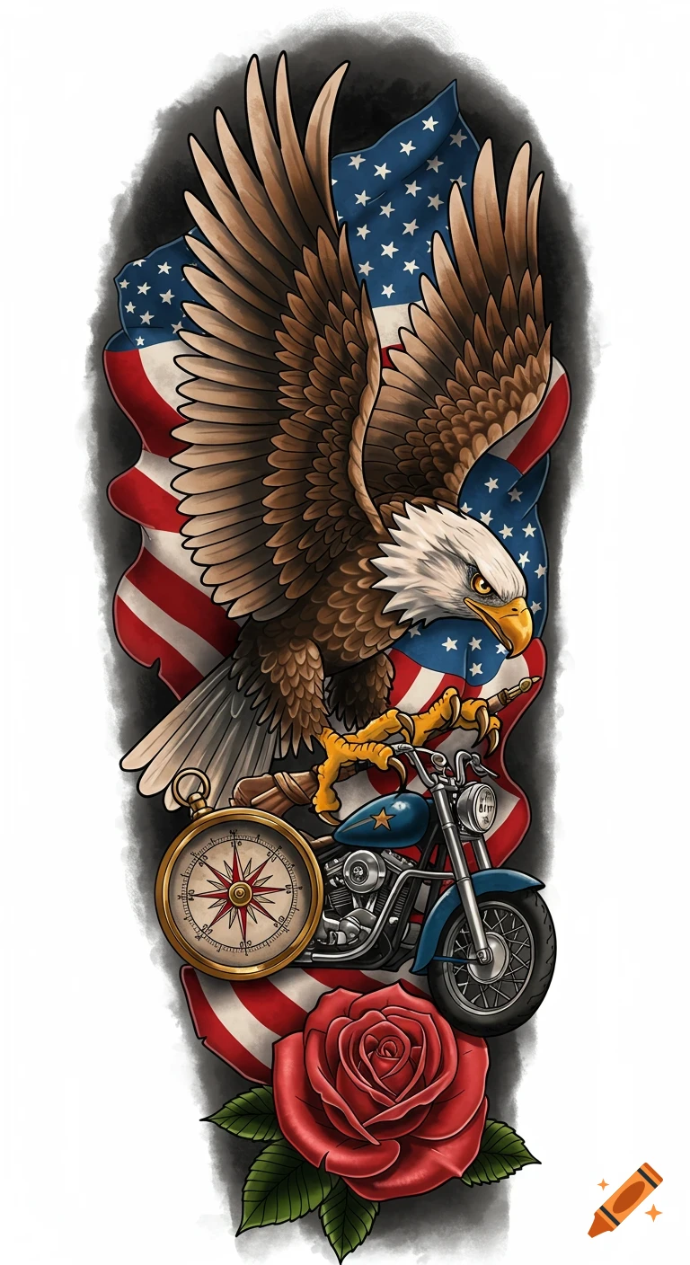 Tattoo design featuring an eagle, American flag, motorcycle, compass, and rose.