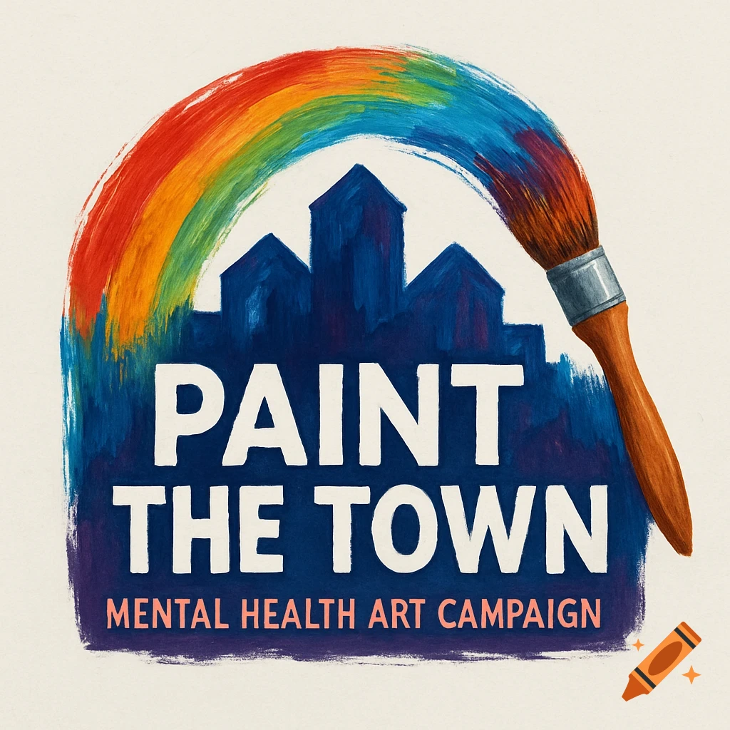Logo featuring a paintbrush painting a rainbow arch over a dark cityscape, with text 'PAINT THE TOWN MENTAL HEALTH ART CAMPAIGN'. Painted style.