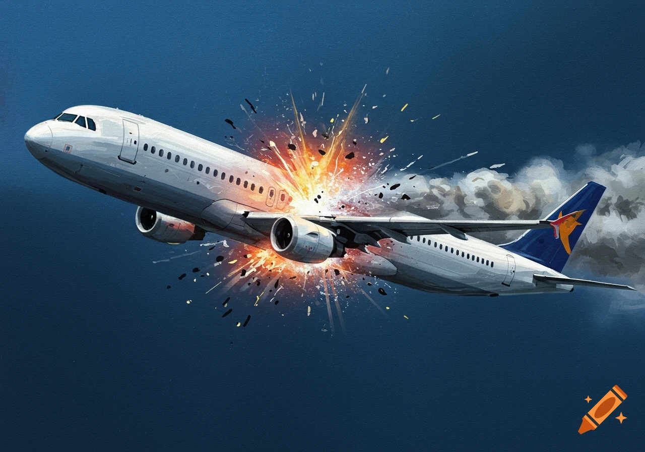 White passenger jet exploding in mid-air against a dark blue sky ...