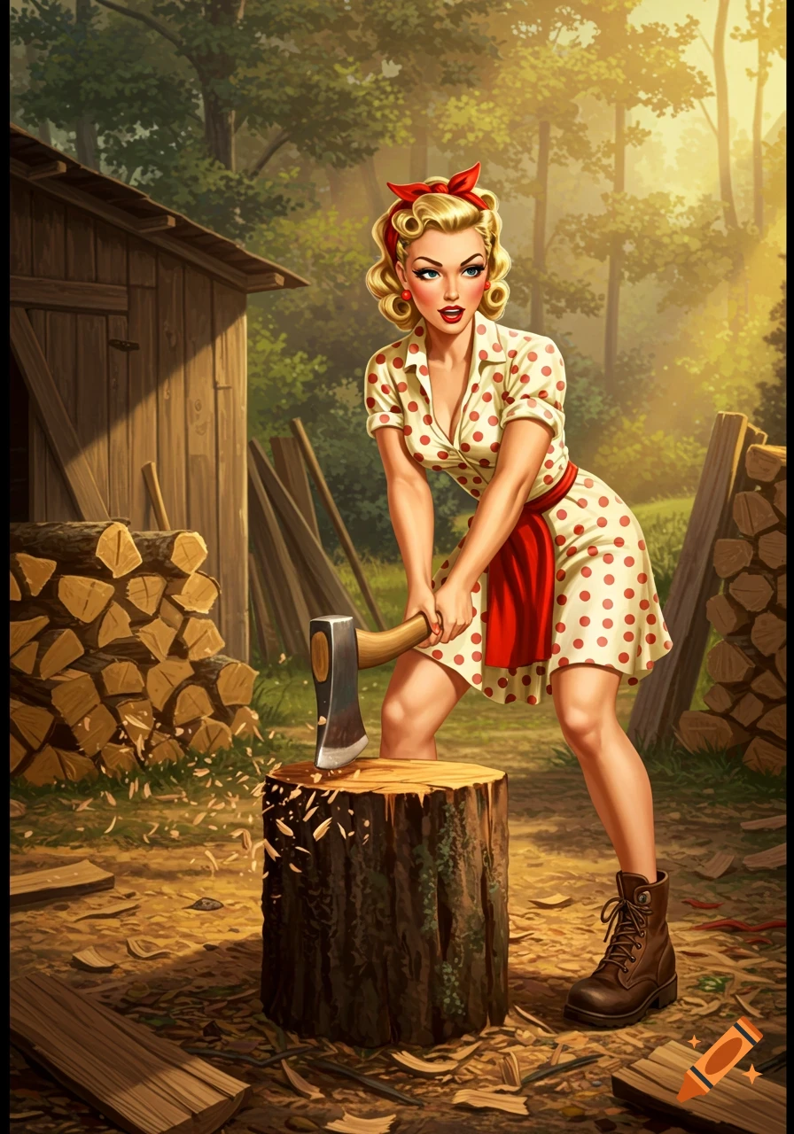 Pin-up illustration of a woman chopping wood in a forest.