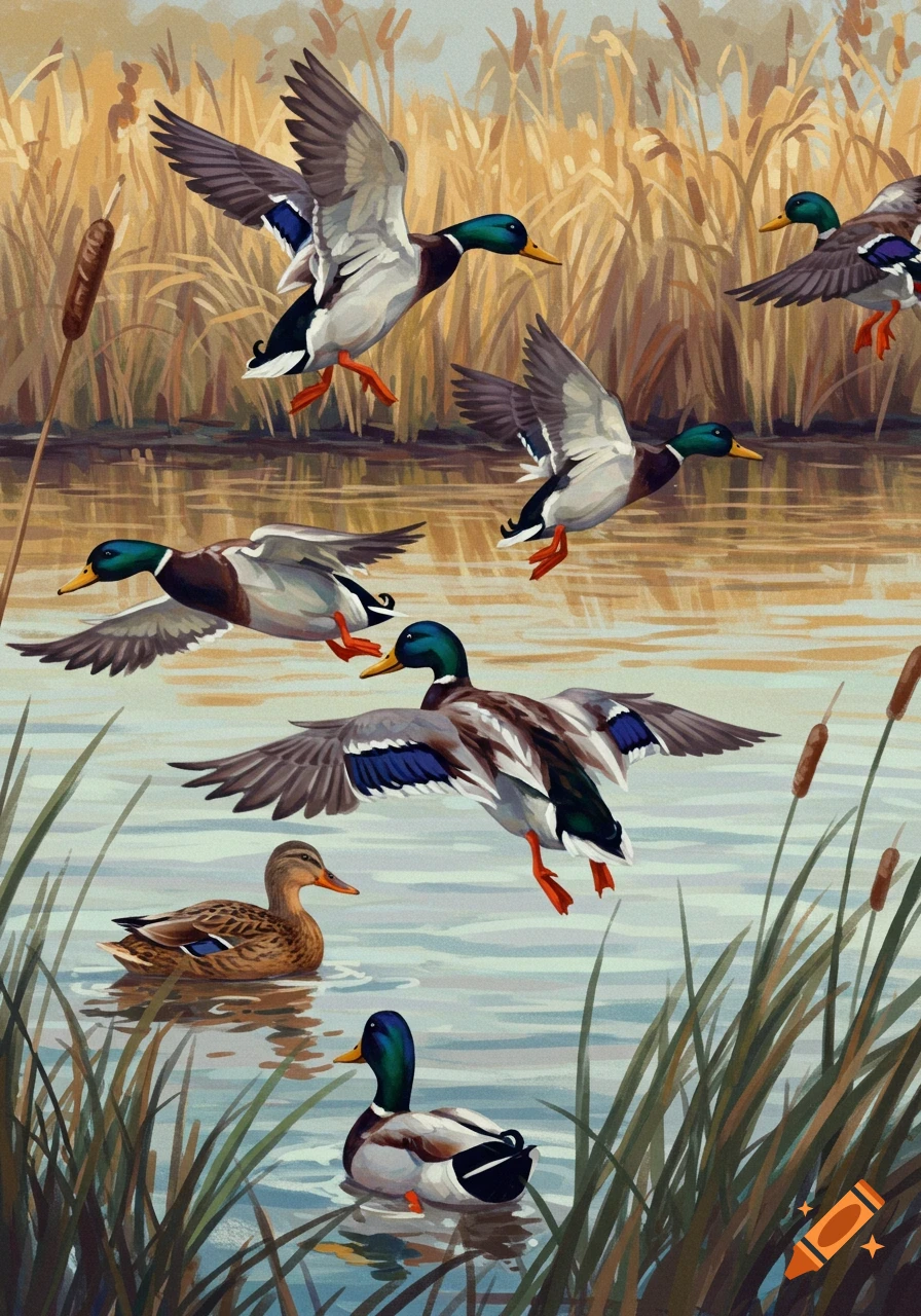 Mallard ducks fly and swim in a pond with tall reeds, painted style.