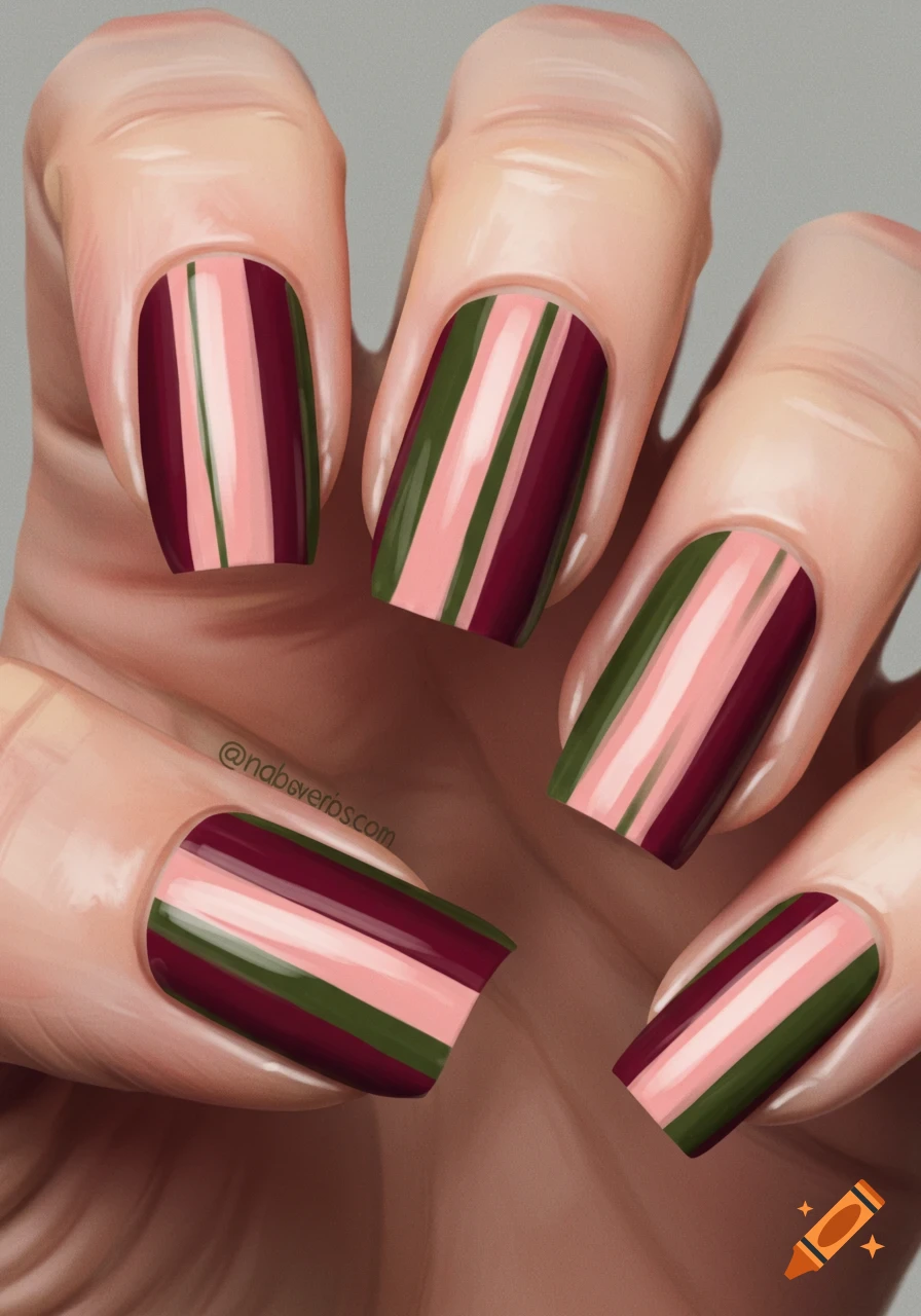 Close-up of a hand with fingernails painted with vertical stripes in olive green, blush pink, and dark cherry colors.