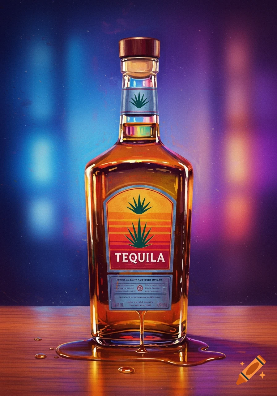 A bottle of tequila on a wooden table with liquid spilled, against a blurred blue and purple background.