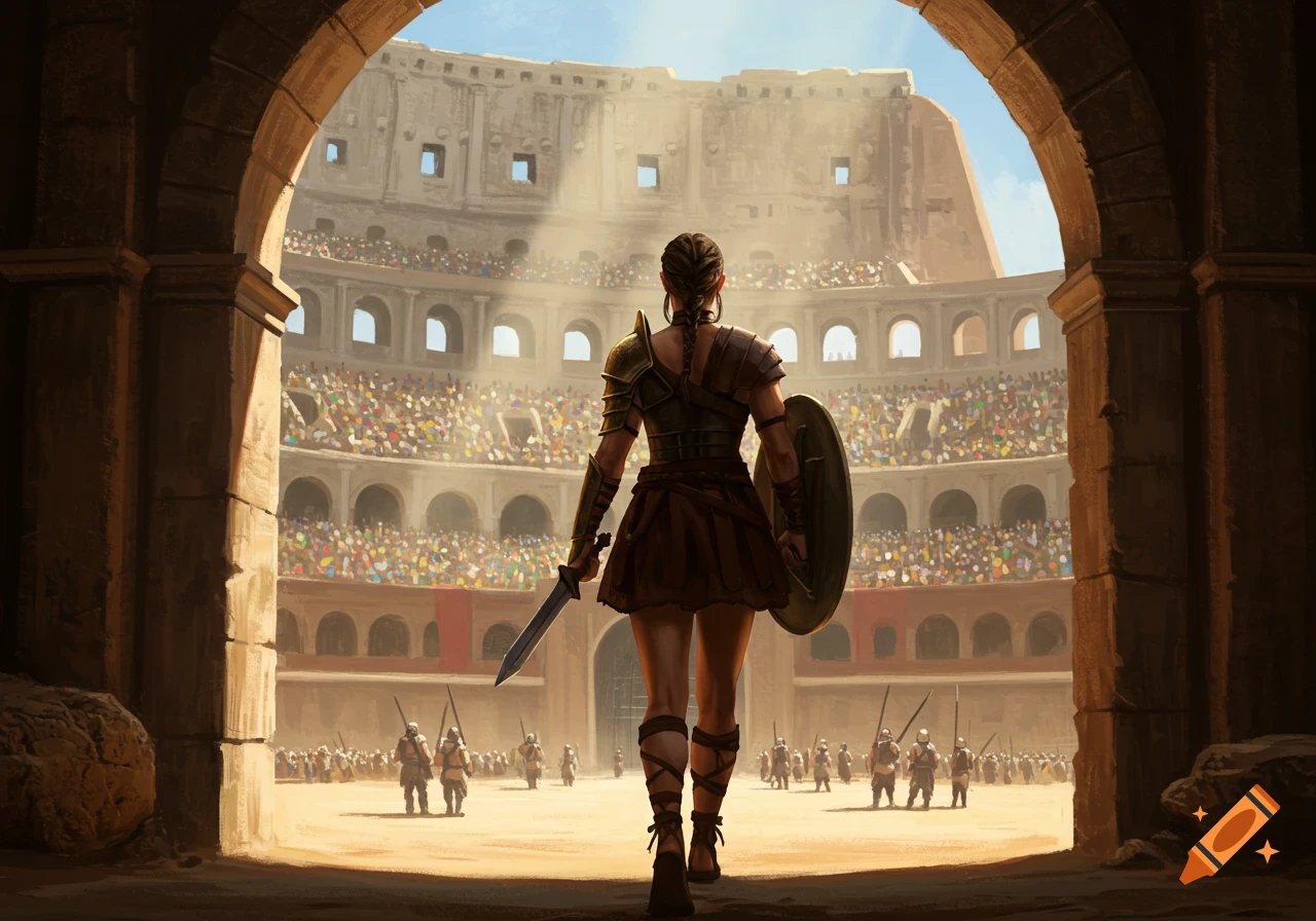 Woman gladiator from behind walking into a large, sunlit colosseum arena filled with spectators.