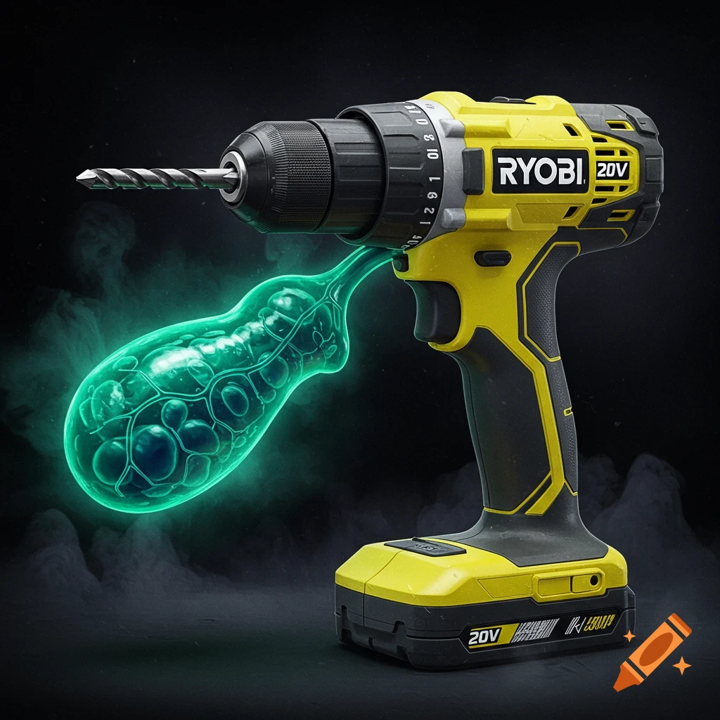 A yellow Ryobi 20V power drill with a glowing green biological sac attached, against a dark background.