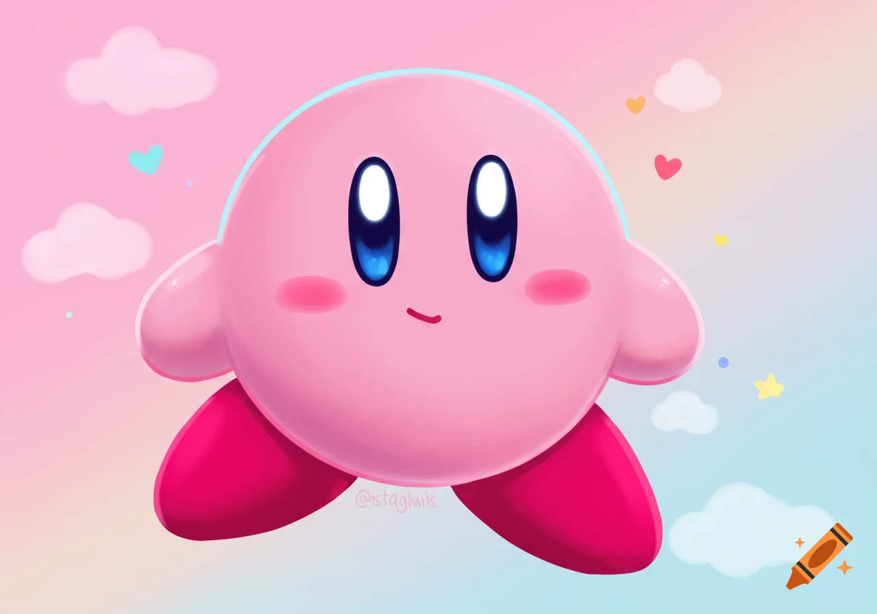 Cute cartoon of Kirby floating in a pastel sky with clouds, hearts, and stars.