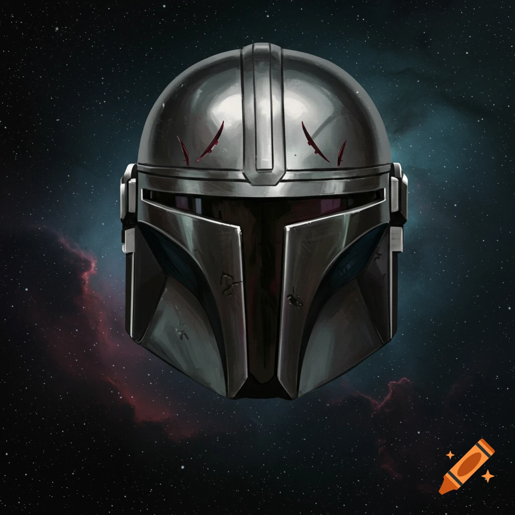 A Mandalorian style helmet with red marks against a starry background.