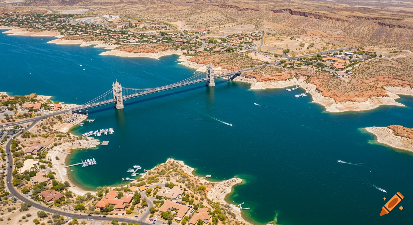 Aerial view of a bridge crossing a blue lake with boats and houses along the rocky shore.