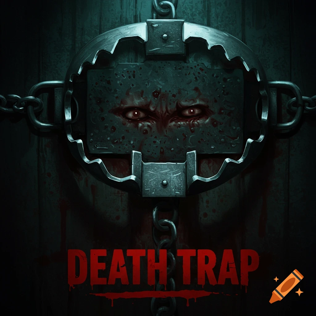 A large, rusty bear trap with creepy glowing eyes and blood splatter. Text reads: DEATH TRAP.