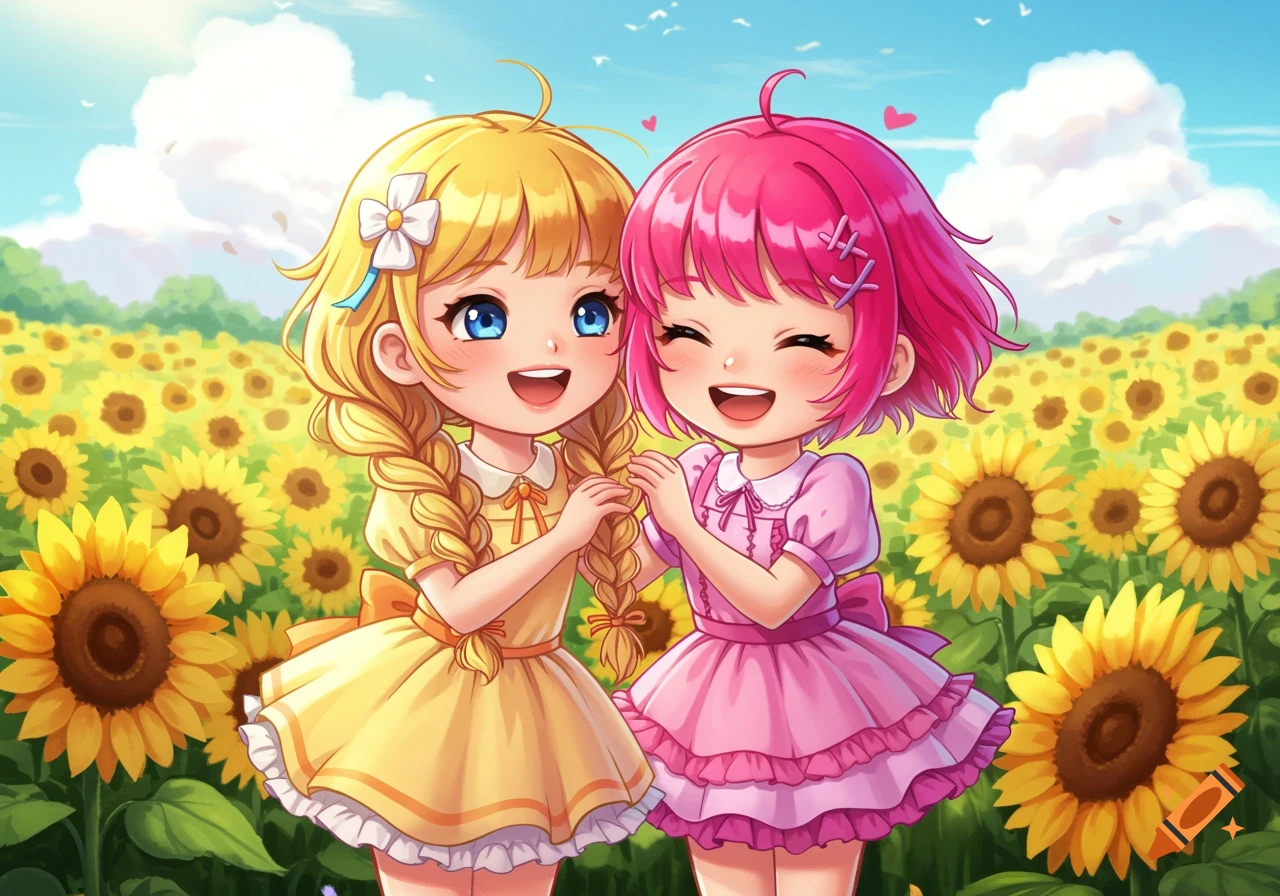 Two happy anime girls in dresses stand in a field of sunflowers under a blue sky.