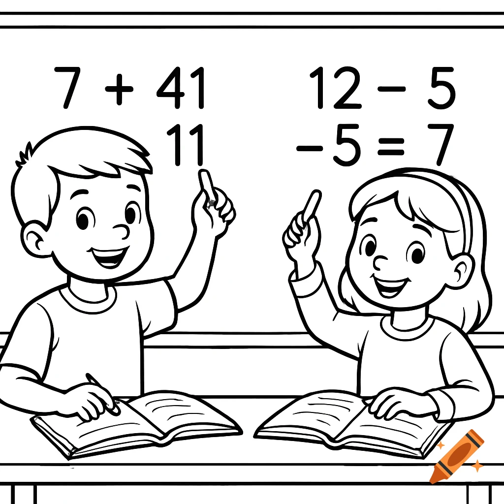 Black and white coloring page of two children solving math problems at a chalkboard.
