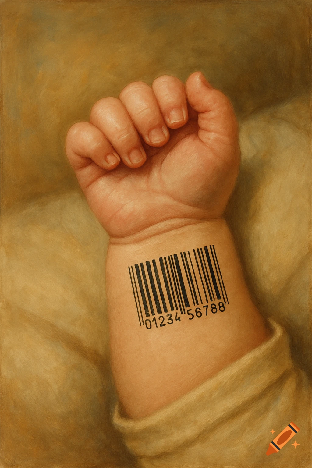 A baby's hand is shown in a close-up, with a barcode on the wrist, in a painterly style.