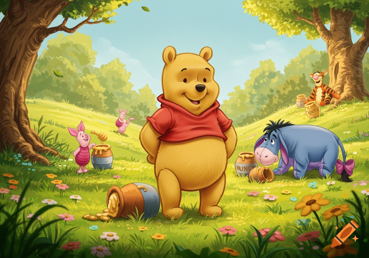 Winnie the Pooh and friends Piglet, Eeyore, and Tigger in a meadow with honey pots.